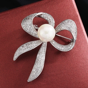 Eleganter Schleife Künstliche Perlen Brosche Kupfer Zirkonia Eingelegt Korsage Für Damen Anzug Mantel Mode Schmuck Bankett Hochzeit Zubehör