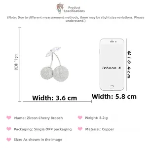 Size chart of cherry brooch with zircon stones measuring 4.4x3.6cm and weighing 8.2g