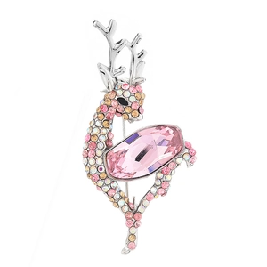 Detailed macro view of the silver-plated deer brooch featuring pink Austrian crystals