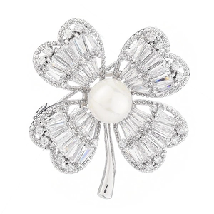 Elegant silver four-leaf flower brooch with zircon stones and center white pearl