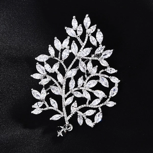Exquisite silver tree branch brooch with marquise-cut cubic zirconia on black silk