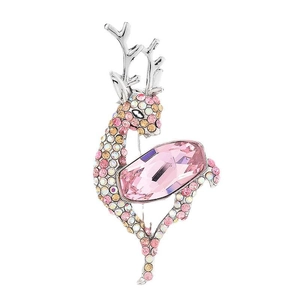 Elegant deer brooch with pink Austrian crystals and rhinestones on silver base