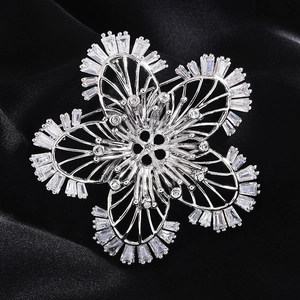 Exquisite silver floral brooch with rectangular zircon inlay on elegant black silk