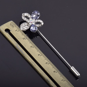 Elegant rhinestone flower stick pin with purple crystals and 9cm silver needle for suits