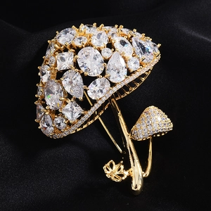 Exquisite gold mushroom brooch with multi-shape zircons on elegant black silk background