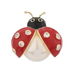 Exquisite ladybug brooch with red enamel, white cubic zirconia, and a large faux pearl