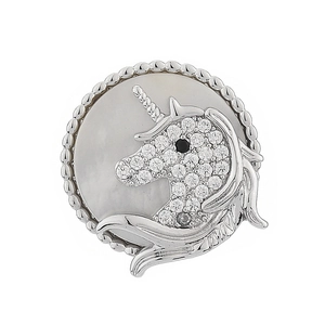 Broche magnétique licorne en argent avec nacre et zircons blancs étincelants