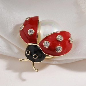 Elegant Red Enamel Ladybug Brooch Pin With Faux Artificial Pearl Cubic Zirconia Gold Plated Copper For Women Fashion Jewelry Accessory
