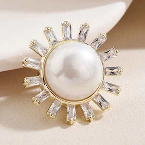 Elegant sunflower magnetic brooch with white pearl and rectangular zircons on gold base