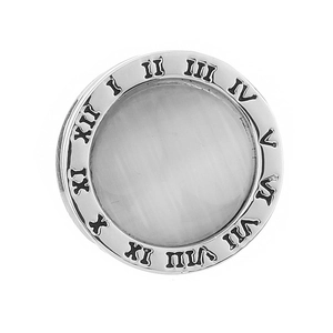 Silver magnetic brooch with Roman numerals and central white iridescent opal stone