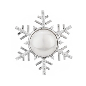 Elegant silver snowflake magnetic brooch with a central white pearl and sparkling crystals