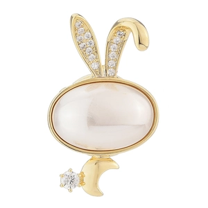 Elegant gold rabbit pearl magnetic brooch pin with sparkling zircon ears and crescent moon