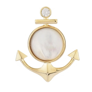Broche ancre dorée élégante avec incrustation nacre blanche et pierre de zircon brillante