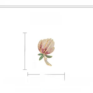 Detailed view of flower brooch showing zircon inlay and dimensions of 4.5cm by 2.8cm