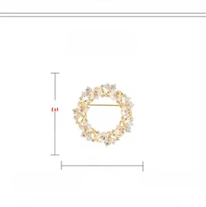 Detail view of round floral brooch with pink flowers and zircons, size 3.9cm x 3.9cm