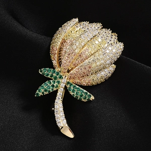 Luxurious floral brooch with multi-color cubic zirconia on elegant black silk background