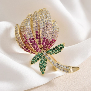 Elegant tulip flower brooch with colorful gradient zircons on gold alloy base
