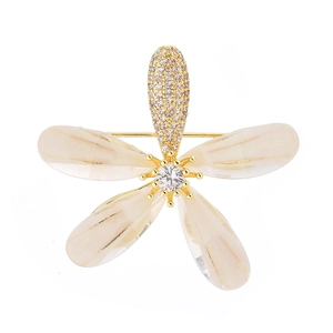 Luxurious flower brooch with zircons and resin petals on gold plated frame for women