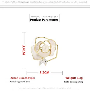 Detailed view of 3.4cm zircon camellia brooch with pearl and white shell petals