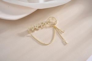 Broche dorée HAPPY en zircons avec visage souriant et cristaux pour costumes de femmes