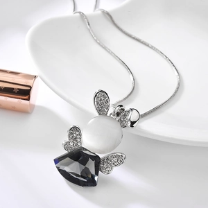 Elegant rabbit pendant necklace with blue crystal and opal on silver snake chain