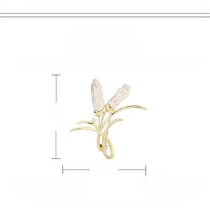 Detail view of zircon brooch with baroque pearls, size 4cm x 5cm shown with dimensions
