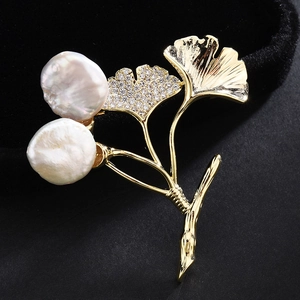 Vintage Barock Süßwasserperle Ginkgoblatt Brosche Kupfer Zirkonia Gold Pflanze Anstecknadel Für Damen Hochzeit Schmuck