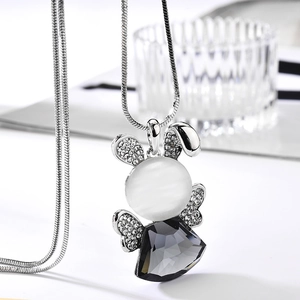 Long Alloy Necklace Rabbit Shaped Synthetic Cat Eye Stone Crystal Pendant Rhinestone Embellished For Women Fashion Jewelry