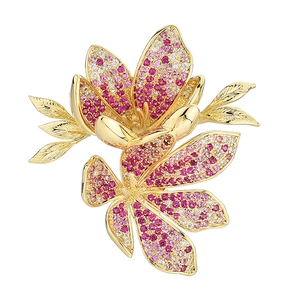 Elegant gold flower brooch with gradient pink zircon crystals for coat and suit