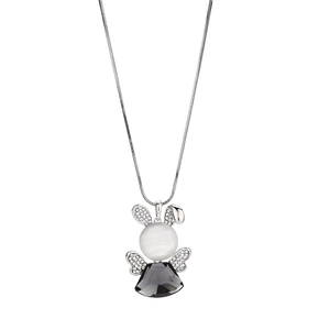 Elegant rabbit long necklace with white opal head and black faceted crystal pendant