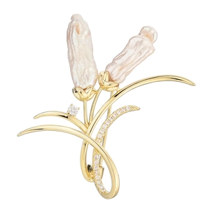 Elegant floral brooch with baroque pearls and zircon accents on a gold-plated stem