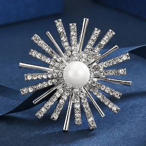 Elegant Alloy Rhinestone Solar Flower Brooch With Faux Artificial Pearl Silver Radiating Star Shawl Pin For Women Suits Overcoat Jewelry