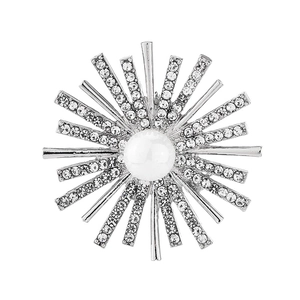 Elegant silver sunflower brooch with a central pearl and sparkling crystal accents