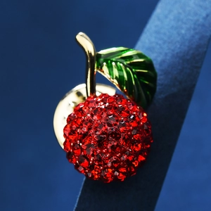 Exquise Broche Cerise en Strass pour Femme Mode Fruit Corsage Base en Cuivre Doré Feuille d'Émail Vert Cadeau