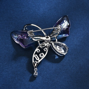Exquisite butterfly brooch with silver plating, purple resin wings and zircon crystals