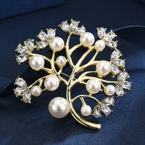 Eleganter Goldfarbener Legierung Baum Brosche Mit Künstliche Perlenimitat Strass Nadel Hochwertige Mode Pflanze Brustnadel Für Anzug Mantel