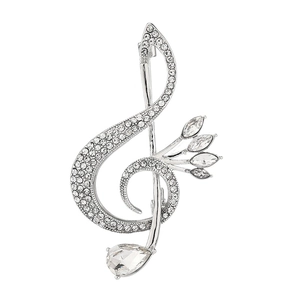 Elegant silver treble clef music brooch featuring sparkling rhinestones and teardrop gem