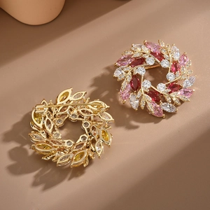 Broches couronne de fleurs dorées en zircon avec pierres marquise colorées pour femme