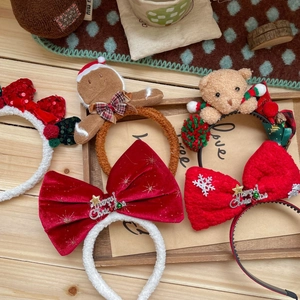 Christmas headband set with glitter bows gingerbread man and plush bear holiday decor