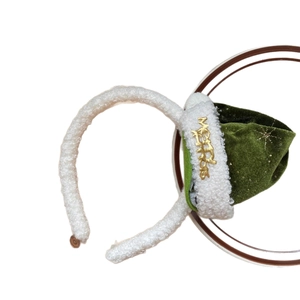 Christmas headband with white plush, green velvet hat and golden Merry letter decoration