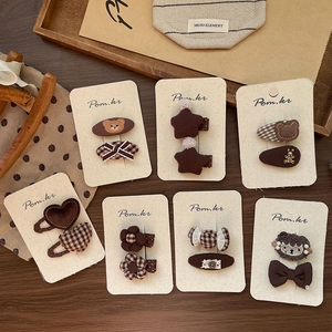 Korean Retro Fabric Plaid Hair Clips For Girls Brown Coffee Floral Bear Star Heart Pattern Autumn Winter Hairpins