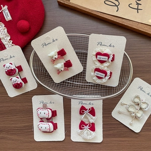 Set de barrettes rouges artisanales style coréen avec ours en peluche et nœuds