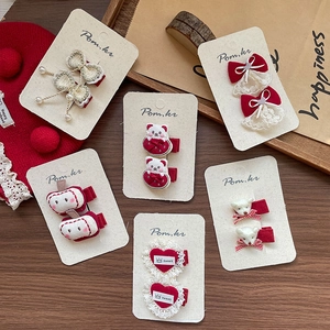 Lot de barrettes pour enfants en tissu rouge avec oursons et dentelle faits à la main
