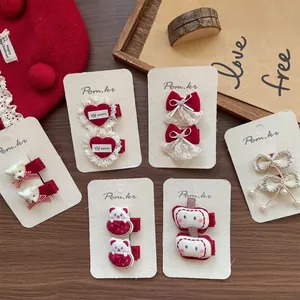 Barrettes à Cheveux Coréennes en Tissu Rouge pour Enfants Fait à la Main Ours Dessin Animé Nœud Dentelle Pinces Bec de Canard Accessoires Cheveux