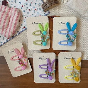 Sweet Floral Rabbit Ear Hair Clips For Kids Girls Handmade Fabric Hairpins Plush Ball Cute Headwear Accessories Everyday Hair Decoration