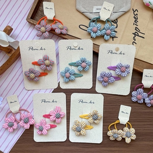 Sweet plaid flower hair clips and elastic ties set for girls in vibrant colors