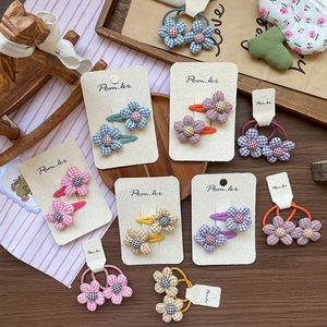 Floral plaid hair clips and elastic hair ties set for girls in various pastel colors