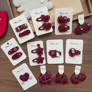 Handmade Red Fabric Kids Hair Clips And Hair Ties Sweet Star Heart Embroidery Bow Hair Accessories For Winter Holiday