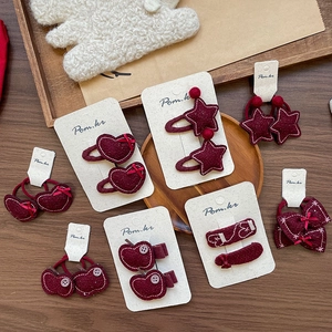 Dark red felt hair clip set with heart star apple shapes for girls on display card
