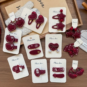 Sweet red fabric hair clip set with star and bow embroidery for girls hair styling
